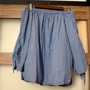 beachlunchlounge Blue and White Striped Off-Shoulder Blouse